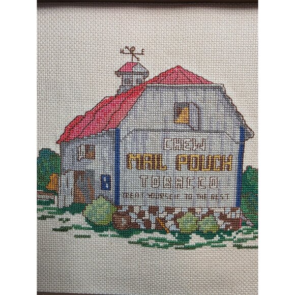 Chew Mail Pouch Tobacco Barn Cross-Stitched Wall Art With Frame Signed BEK Vtg - Picture 3 of 6